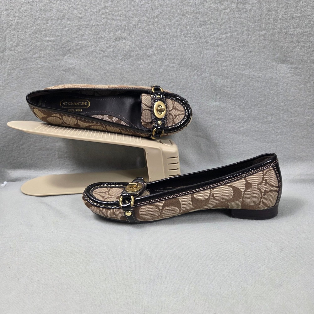 Coach Katrin Signature Jacquard Turnlock Loafers Brown Patent Leather Flats 7M